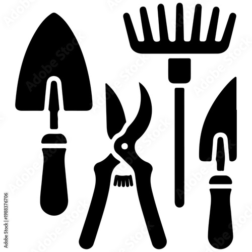 Set of Gardening Tools: Trowels, Pruners, and Rake, Flat Design Vector Illustration