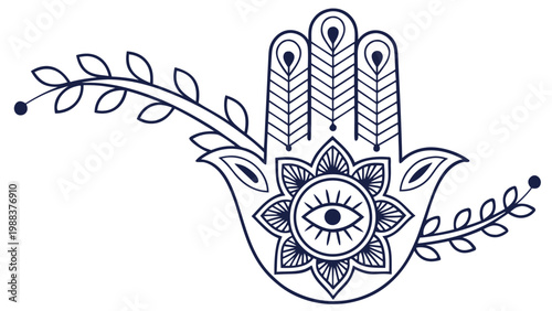 Stylized hamsa hand graphic with floral and eye motifs protection monochrome
