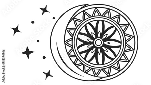 Minimalist crescent moon and mandala circular geometric line art design