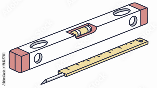 Construction spirit level and pencil drafting tools with construction, drafting