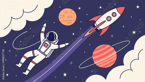 Astronaut reaching out to rocket launching into outer space with astronaut