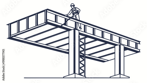 Construction worker building steel bridge structure engineering illustration