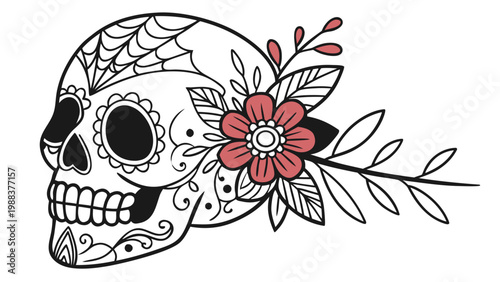 Decorative sugar skull with floral elements and webbing details, calavera