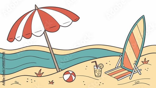 Beach scene with umbrella chair and surfboard illustration umbrella surfboard