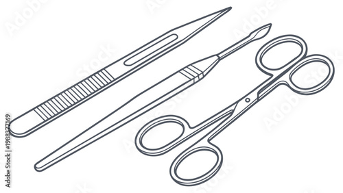 Set of medical surgical instruments forceps and scissors line art with surgical