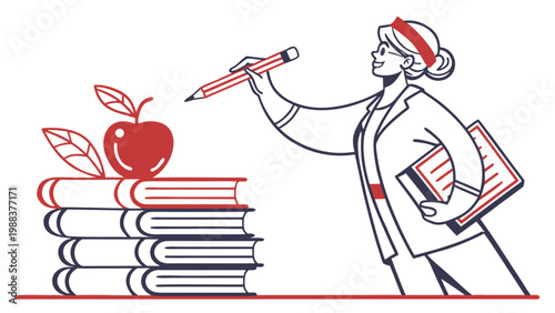 Teacher holding pencil and book stack illustration with education, learning