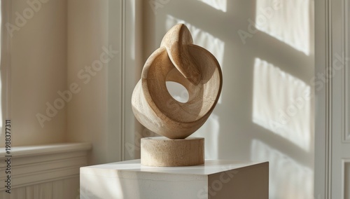 Elegant abstract sculpture on white pedestal, illuminated by window light and shadows