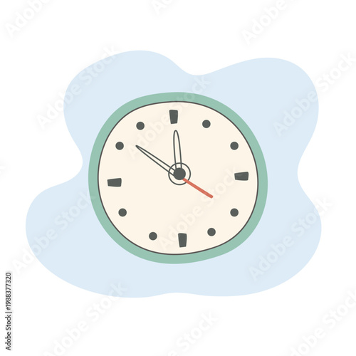 Simple illustration of a round wall clock with black numbers and hands on a light blue background, showing the time at three o'clock