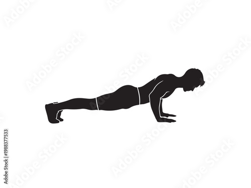 A man performing a push-up exercise in a plank position.eps