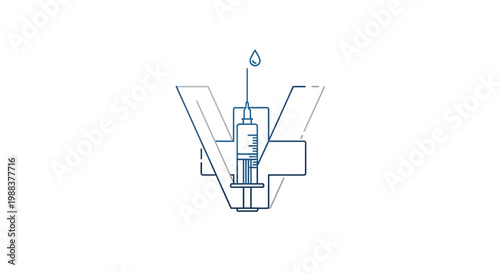 Illustration depicting a syringe injecting a drop, with a cross symbol and the letter V
