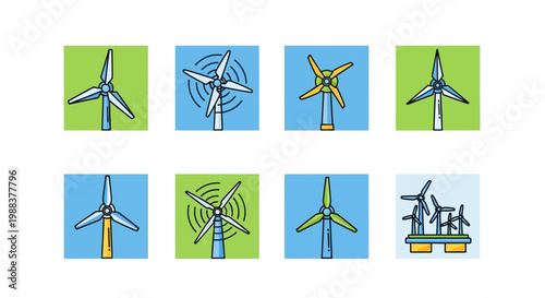 Illustration of Wind Turbines in Various Designs, Symbolizing Renewable Energy