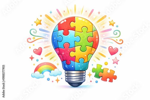 illustration with glowing puzzle piece light bulb in a bright inclusive style, ideal for t-shirt prints and advocacy themes

