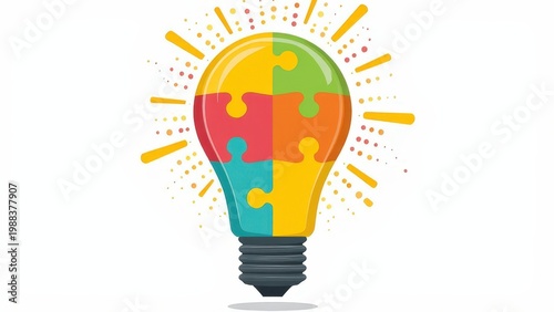 illustration with glowing puzzle piece light bulb in a bright inclusive style, ideal for t-shirt prints and advocacy themes

