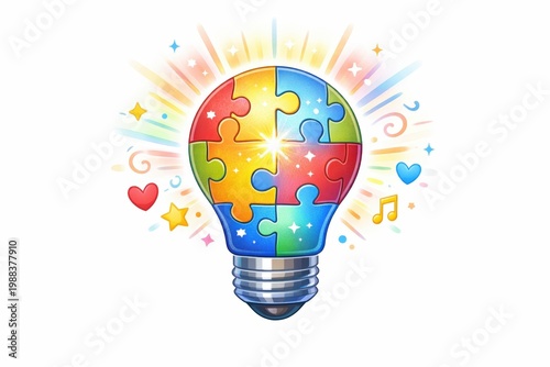 illustration with glowing puzzle piece light bulb in a bright inclusive style, ideal for t-shirt prints and advocacy themes

