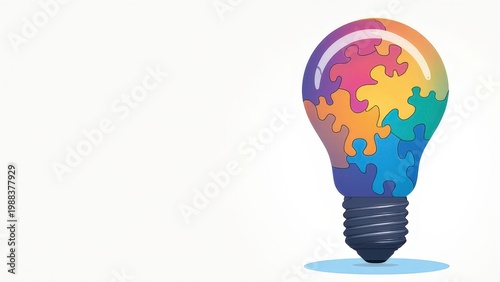 illustration with glowing puzzle piece light bulb in a bright inclusive style, ideal for t-shirt prints and advocacy themes

