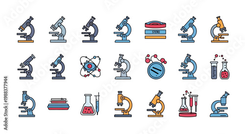 Scientific Equipment and Symbols Depicting Laboratory Tools and Microscopic Examination