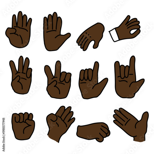 Palms, a set of gestures and signs in a simple line sketch. Hand-drawn illustrations of fingers, symbols, emotions, and communicative gestures isolated on a white background. Vector illustration.