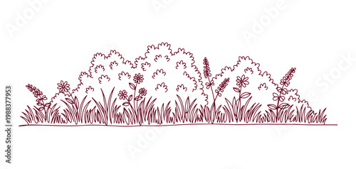 Icon of grass in a line style, meadow doodle outline, tuft of bushes, small lawn, and a black sketch of a plant with flowers on a white background. Hand-drawn thicket border.