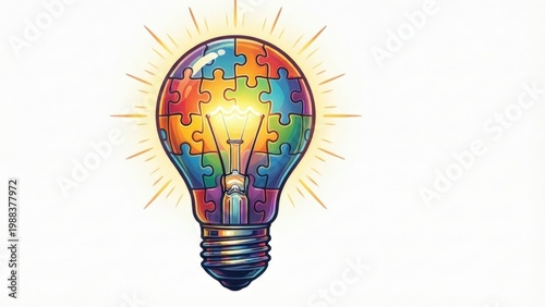 illustration with glowing puzzle piece light bulb in a bright inclusive style, ideal for t-shirt prints and advocacy themes


