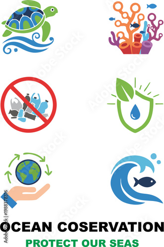 Collection of ocean conservation icons for environmental protection