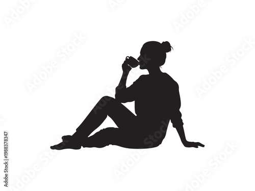 A woman sits on the floor drinking from a cup.eps