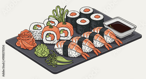 A meticulously arranged isometric platter of assorted sushi and accompaniments