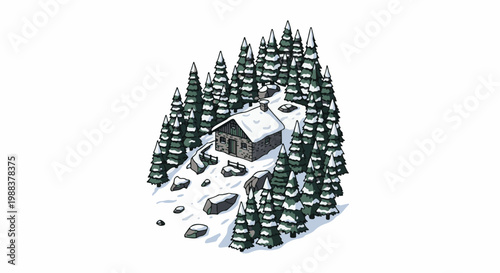A pixel-art cabin nestled in a snow-covered pine forest on a bright winter day