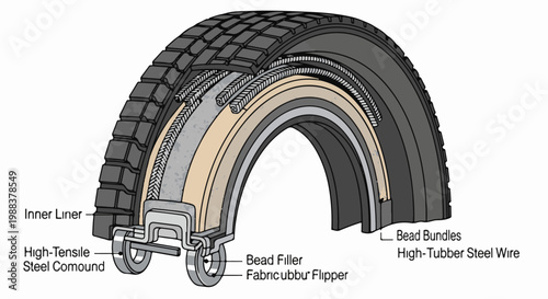Cross-section illustration of a tire's internal components and construction layers