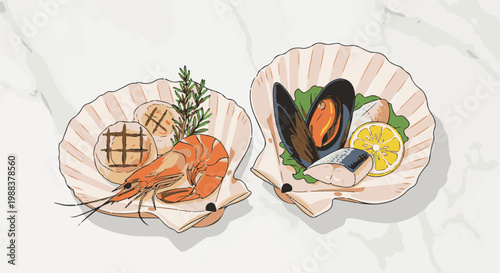 Two seashell dishes with grilled scallops, shrimp, mussels, and fish
