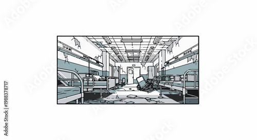 Dilapidated hospital ward with empty beds and debris strewn across the floor