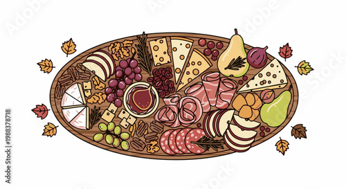 A stylized, top-down illustration of a bountiful charcuterie board filled with autumnal treats