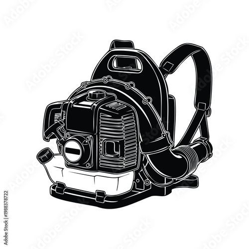 Leaf blower silhouette, bundle of garden and cleaning tools.