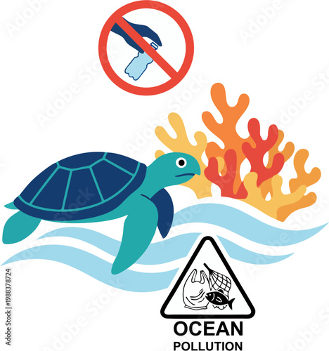 Marine sea turtle swimming near coral with plastic pollution icons