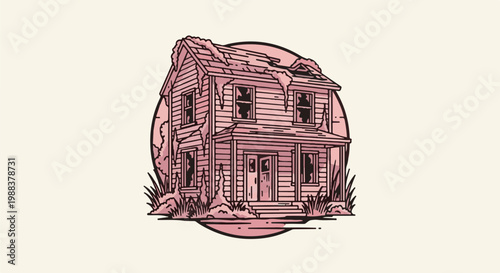 Dilapidated wooden house with broken windows, overgrown with vegetation