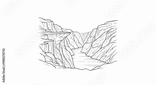 Stylized black and white sketch of a deep river canyon with layered rock formations