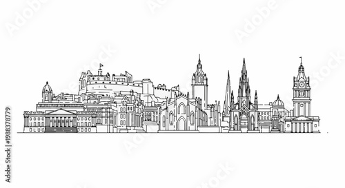Stylized line art cityscape featuring historic buildings and a prominent castle on a hill