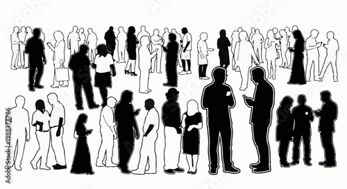 Diverse crowd of black and white stylized figures, some with phones