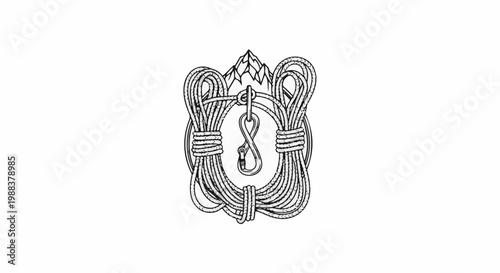 Emblem with coiled rope, carabiner, and mountain peaks