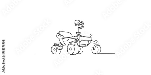 A black line drawing of a robot on wheels with a camera on top, isolated on white background