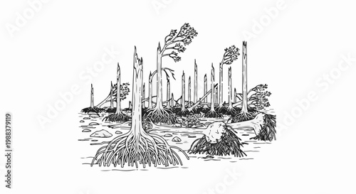 Twisted, bare tree trunks with exposed roots rise from shallow water