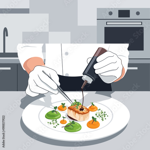 Chef Plating Gourmet Dish with Sauce in Professional Kitchen Setting