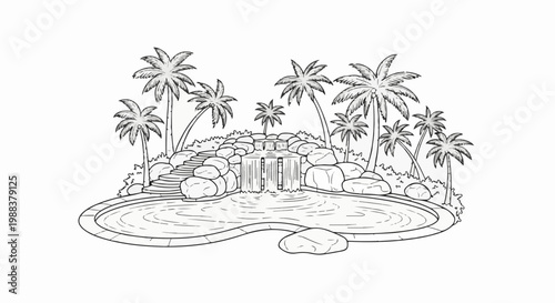 Tropical resort oasis with a cascading waterfall and palm trees