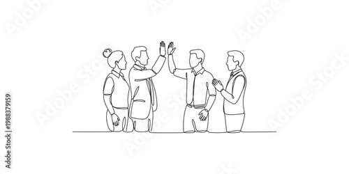 Continuous line drawing of a diverse group of four people giving high fives