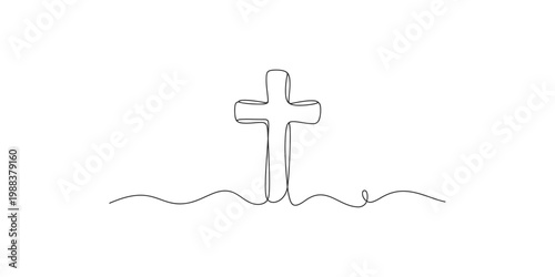 A simple line drawing of a cross standing on a wavy ground
