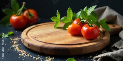 Circular wooden cutting board, dark background, kitchen, cutting board, chopping board