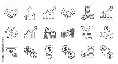 Financial Icons Set Representing Business Growth and Investment.