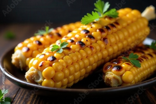 Golden brown grilled corn, glistening butter, smoky char , butter, delicious, grilled corn