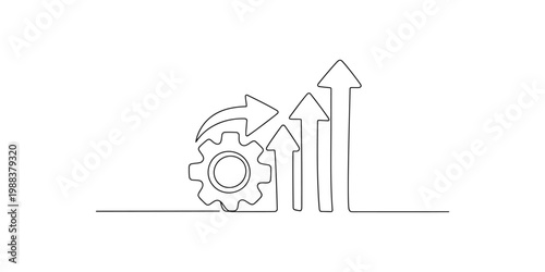 A line drawing of a gear with arrows indicating growth and progress on white background