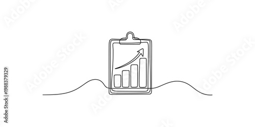 A line drawing of a clipboard with a growing bar chart and an upward trend arrow on a white background