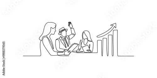A minimalist line drawing of a business team discussing growth and statistics with a graph showing an upward trend